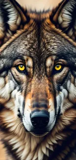 Close-up view of a wolf with vibrant eyes against a natural backdrop.