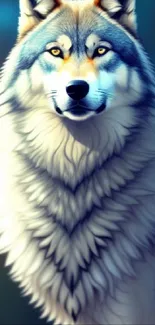 Majestic wolf in forest-themed wallpaper with blue-gray tones.