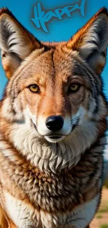 Happy wolf with graffiti sky background.