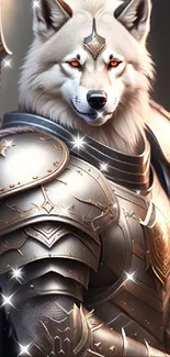 A white wolf in detailed armor, standing regally.