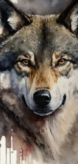 Watercolor painting of a majestic wolf with earthy tones and detailed textures.