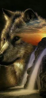 Majestic wolf blending with sunset waterfall in artistic wallpaper.