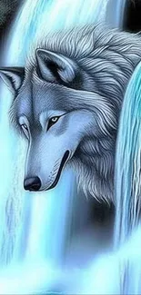 Majestic wolf with a waterfall background in blue tones.