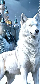 Majestic white wolf in front of a winter castle.