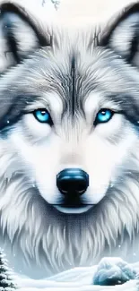 Majestic blue-eyed wolf in snowy landscape wallpaper.