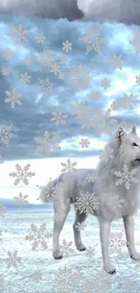 White wolf in snowy landscape with falling snowflakes.