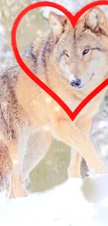 Wolf in winter forest with a heart overlay.