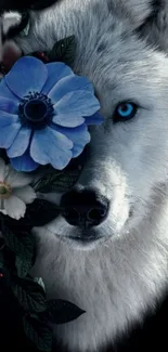 Majestic wolf with blue flowers on dark background.