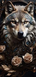 Majestic wolf with floral designs on mobile wallpaper.