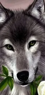 Majestic wolf holding flowers in its mouth with captivating eyes.