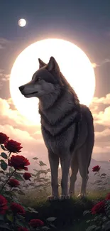 Wolf under full moon with red roses, dark sky background.