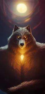 Majestic wolf with glowing eyes in a warm, fantasy setting.