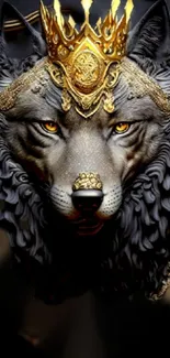 Majestic wolf wearing a golden crown on a black background.