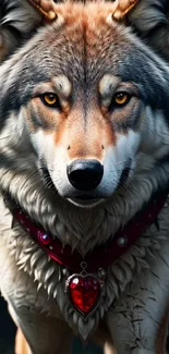 Majestic wolf with a red heart pendant, staring intently.