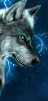 Majestic wolf with blue lightning background on phone wallpaper.