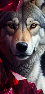 Majestic wolf surrounded by vivid red crystals, creating a striking wallpaper design.