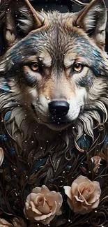 Majestic wolf amid roses on dark background wallpaper.