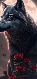 Majestic wolf surrounded by red roses under a glowing full moon.