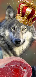 Wolf wearing a crown, with raw meat, in a natural setting.