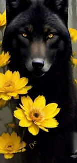 Black wolf surrounded by yellow flowers on a dark background.