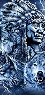 Mobile wallpaper of wolves with a native chief in a blue mystical setting.