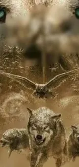 Majestic wolves with an eagle in flight over a forest backdrop.