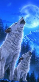 Wolves howling at the full moon with a mountain backdrop and serene blue hues.