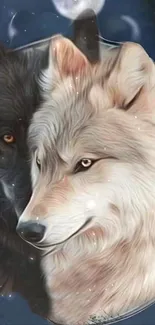 Two wolves under a moonlit sky, one white and one black.