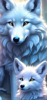 Illustration of two majestic icy wolves surrounded by crystals.