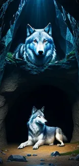 Two wolves in a mystical cave setting illuminated by gentle blue light.