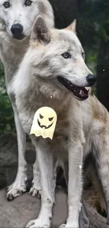 Two majestic wolves standing in a lush forest decorated with ghost images.