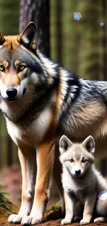 Wolf and pup in forest setting, mobile wallpaper.