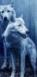 Two majestic wolves in a mystical blue forest.