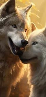 Majestic wolves in warm golden light wallpaper.