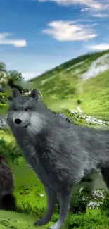 Gray wolves standing in lush, green hills under a vast blue sky.