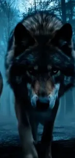 Majestic wolves prowling through a misty forest in the dark.