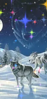 Wolves roam snowy landscape under moonlight sky with ethereal wolf in stars.