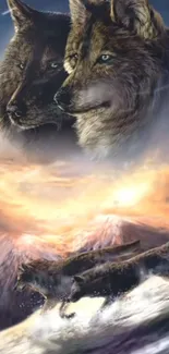 Majestic wolves against a mystical nature backdrop.