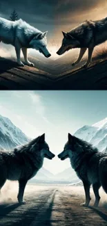 Wolves in contrasting day-night landscapes with mountains in the background.