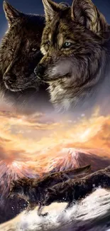 Majestic depiction of wolves in a snowy mountain scene.