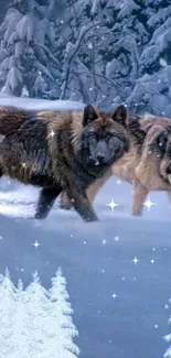 Wolves roaming through a snowy forest setting, surrounded by snow-covered trees.