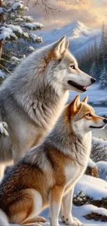 Two wolves in a snowy landscape by a mountain stream.