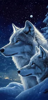 Two majestic wolves under a snowy, starry night sky.