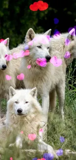 Majestic white wolves resting in a green wilderness setting.