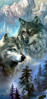 Majestic wolves set in a snowy forest with mountainous background