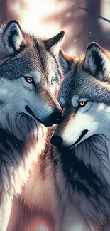 Two majestic wolves in a serene forest backdrop, exuding elegance and strength.