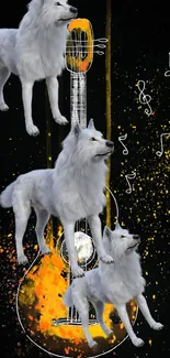 Mobile wallpaper with white wolves, guitar, and musical notes.