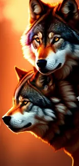 Two majestic wolves against a glowing orange gradient background.