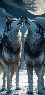 Two wolves howl under a full moon in a snowy forest landscape.