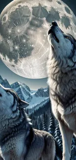 Two majestic wolves howl beneath a full moon with snowy mountains.